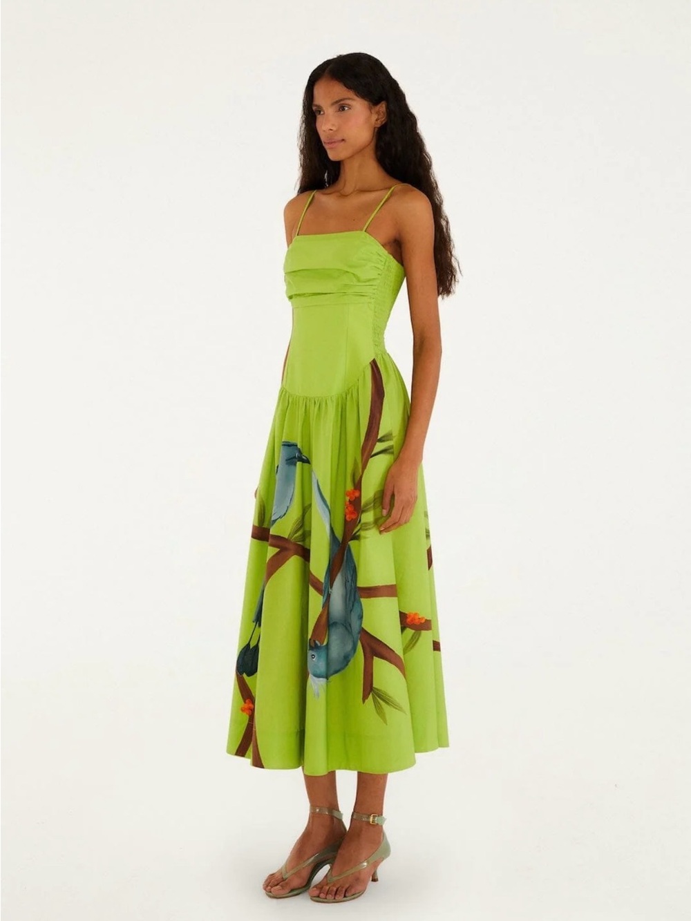 Farm Rio- Green Birds Smocked Maxi Dress